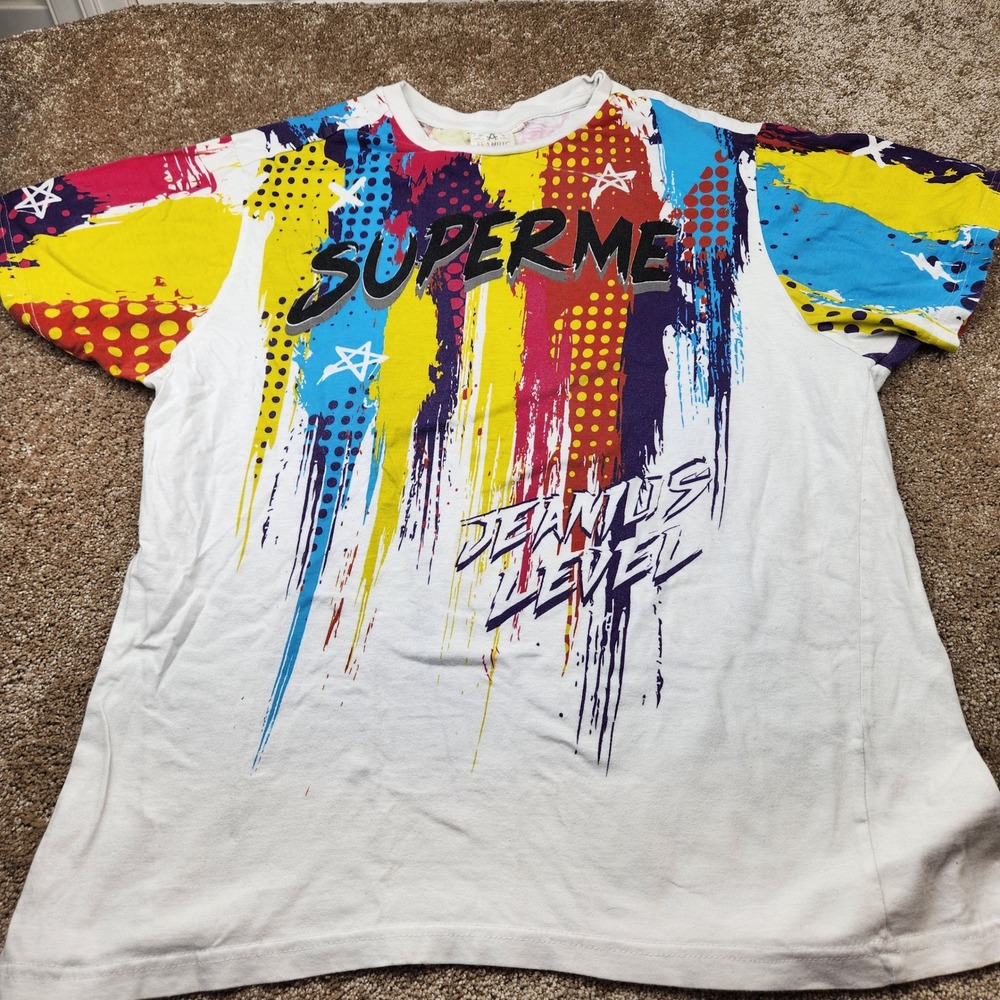 Akademiks Jeanius Level Mens Graphic Tee White Multi Color Paint Splatter Large